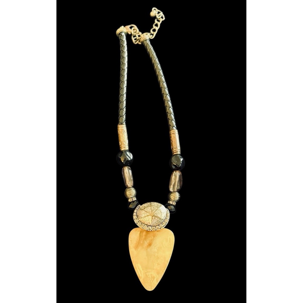 Vintage CHICOS Champagne pearl MOP Southwest Statement Pendant Leather Necklace